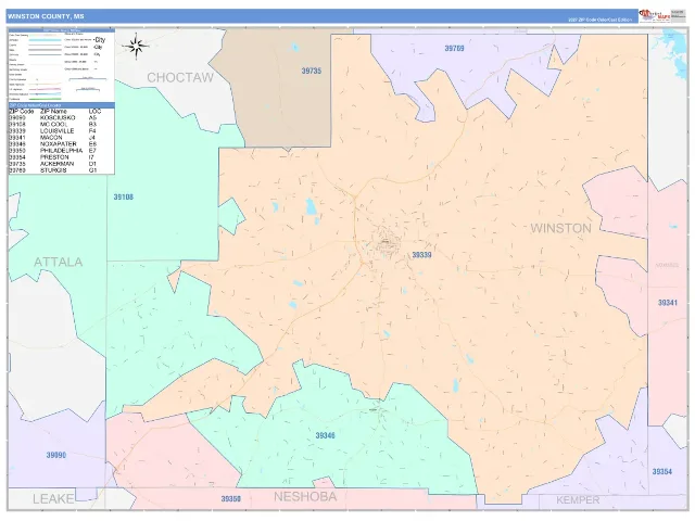 Winston County, MS ZIP Code Wall Map, ColorCast style