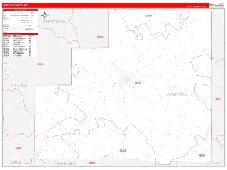 Winston County, MS RedLine style ZIP Code wall map