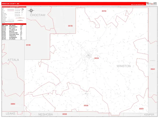 Winston County, MS ZIP Code Wall Map, RedLine style