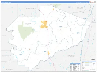 Yazoo County, MS Business Reference style ZIP Code wall map