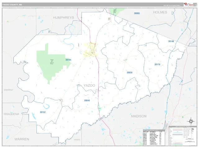 Yazoo County, MS ZIP Code Wall Map, Classic style