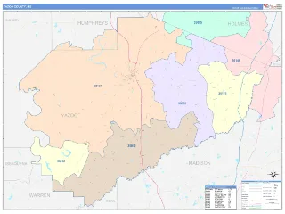 Yazoo County, MS ColorCast style ZIP Code wall map