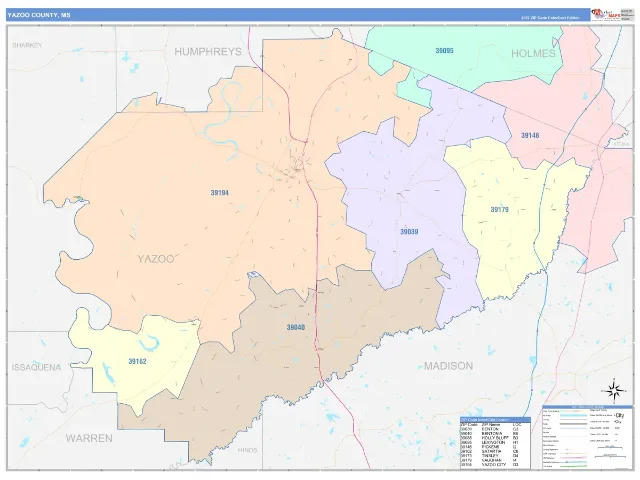 Yazoo County, MS ZIP Code Wall Map, ColorCast style