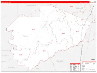 Yazoo County, MS RedLine style ZIP Code wall map
