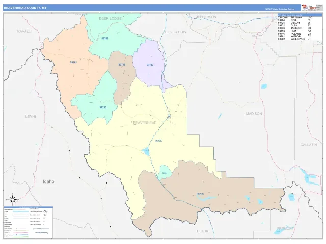 Beaverhead County, MT ZIP Code Wall Map, ColorCast style