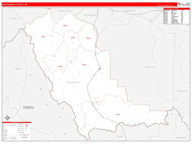 Beaverhead County, MT ZIP Code Wall Map, RedLine style
