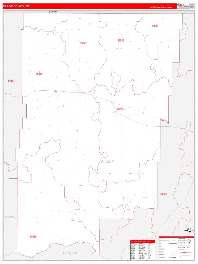 Blaine County, MT ZIP Code Wall Map, RedLine style