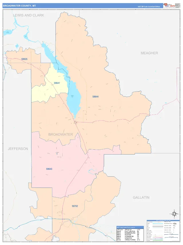 Broadwater County, MT ZIP Code Wall Map, ColorCast style