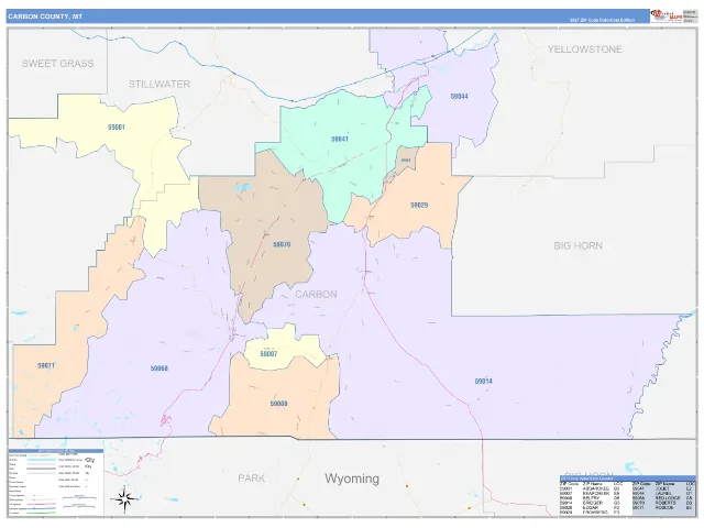 Carbon County, MT ZIP Code Wall Map, ColorCast style