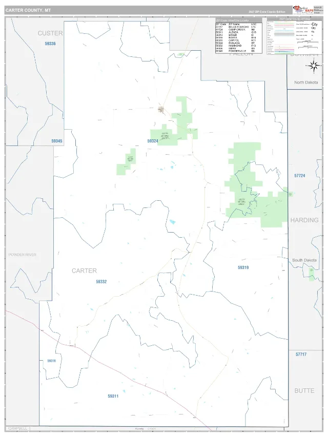 Carter County, MT ZIP Code Wall Map, Classic style