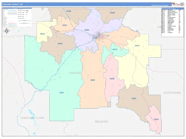 Cascade County, MT ZIP Code Wall Map, ColorCast style