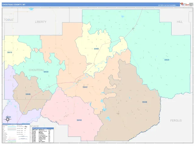 Chouteau County, MT ZIP Code Wall Map, ColorCast style