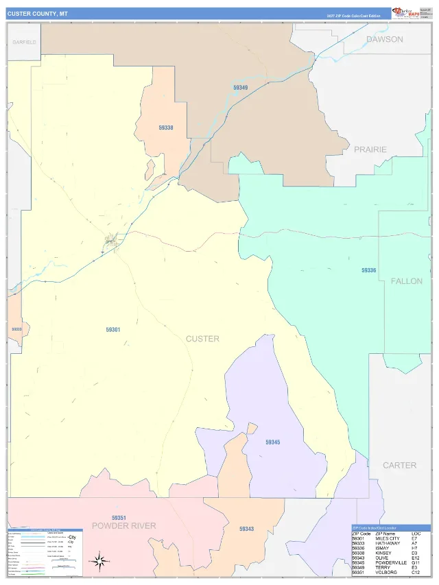 Custer County, MT ZIP Code Wall Map, ColorCast style