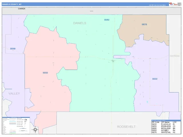 Daniels County, MT ZIP Code Wall Map, ColorCast style