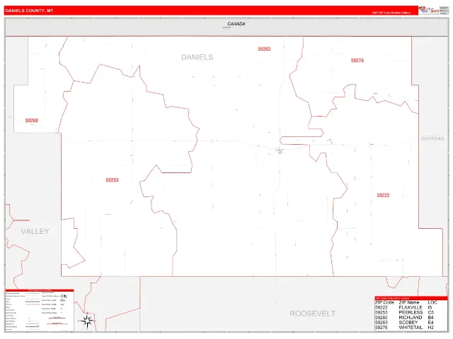 Daniels County, MT ZIP Code Wall Map, RedLine style