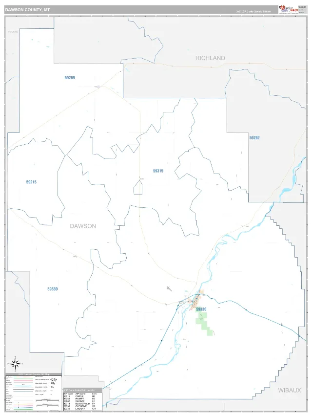 Dawson County, MT ZIP Code Wall Map, Classic style