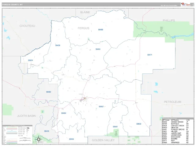 Fergus County, MT ZIP Code Wall Map, Classic style