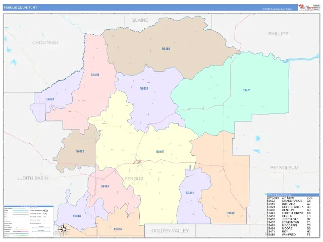 Fergus County, MT ZIP Code Wall Map, ColorCast style