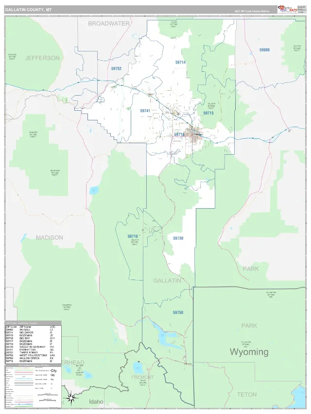 Gallatin County, MT ZIP Code Wall Map, Classic style