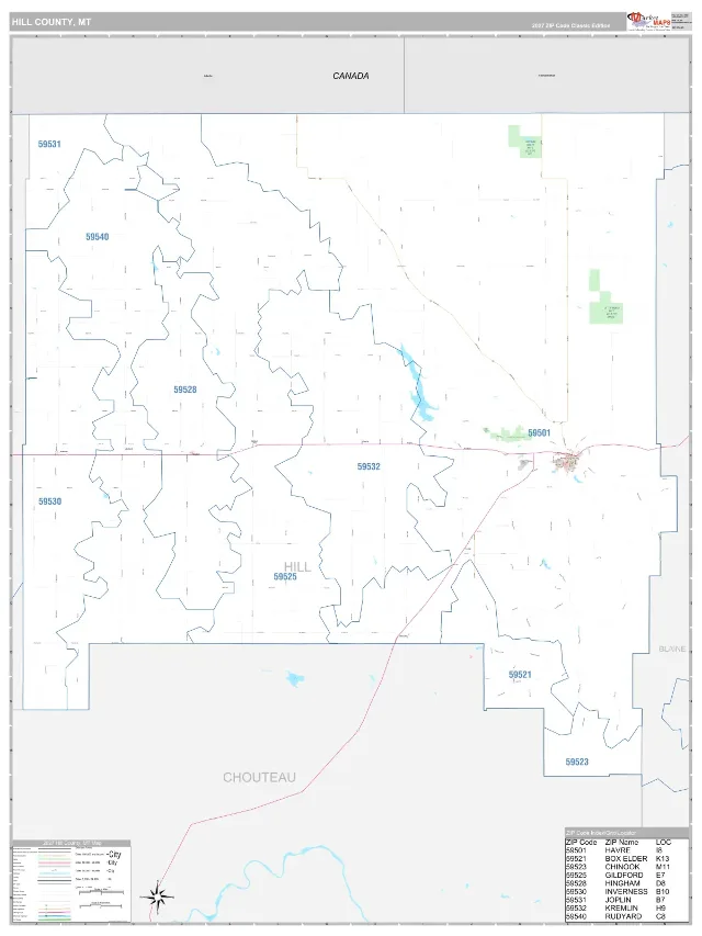 Hill County, MT ZIP Code Wall Map, Classic style