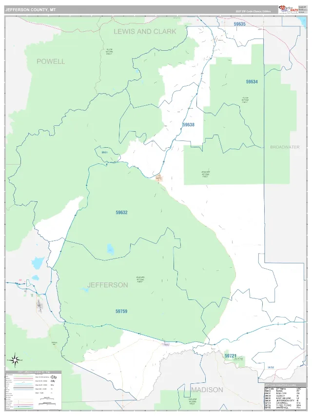 Jefferson County, MT ZIP Code Wall Map, Classic style