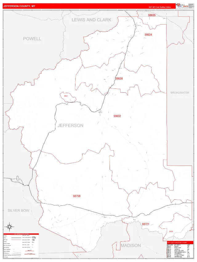 Jefferson County, MT ZIP Code Wall Map, RedLine style