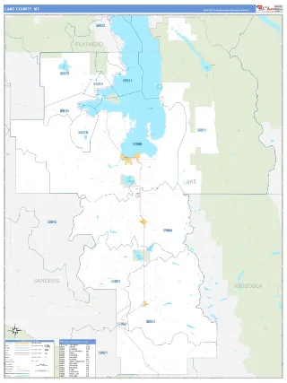 Lake County, MT Business Reference style ZIP Code wall map