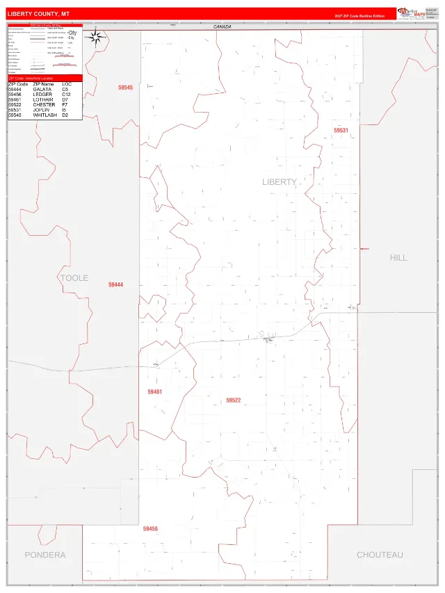 Liberty County, MT ZIP Code Wall Map, RedLine style