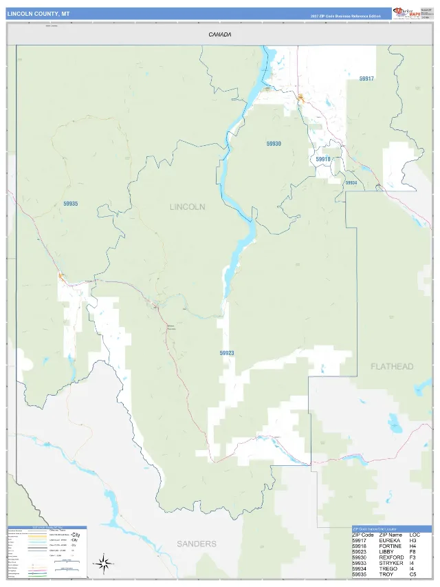 Lincoln County, MT ZIP Code Wall Map, Business Reference style