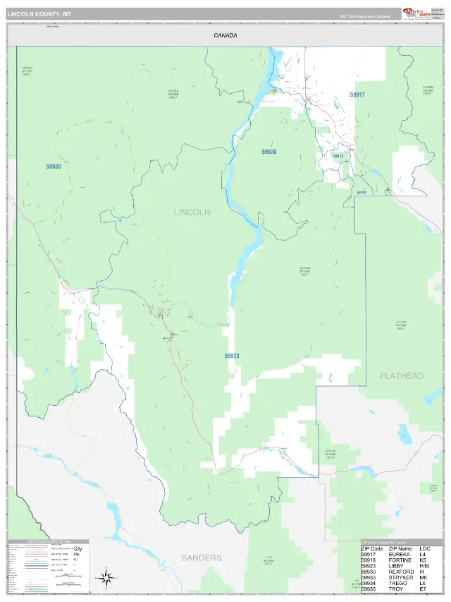 Lincoln County, MT ZIP Code Wall Map, Classic style