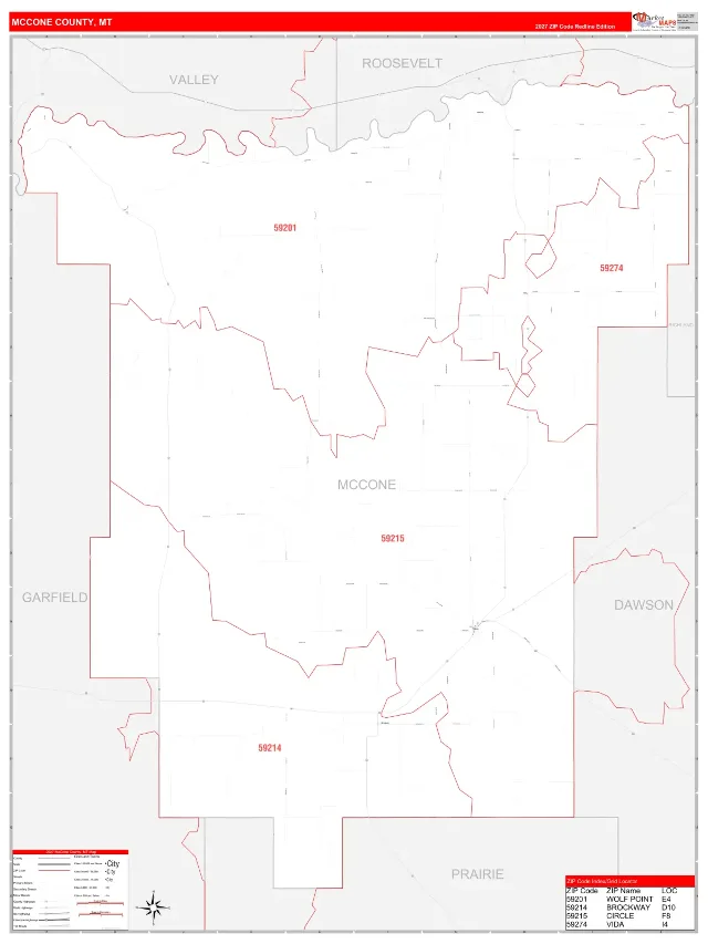 McCone County, MT ZIP Code Wall Map, RedLine style