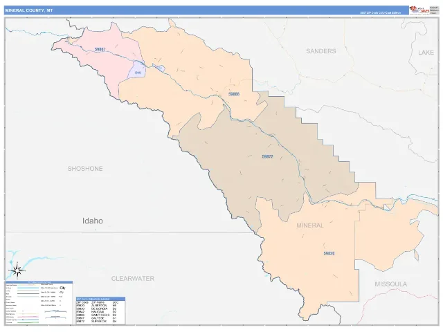 Mineral County, MT ZIP Code Wall Map, ColorCast style