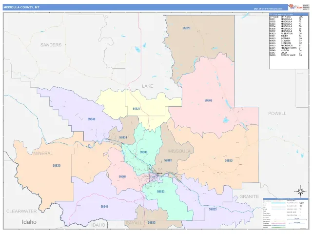 Missoula County, MT ZIP Code Wall Map, ColorCast style