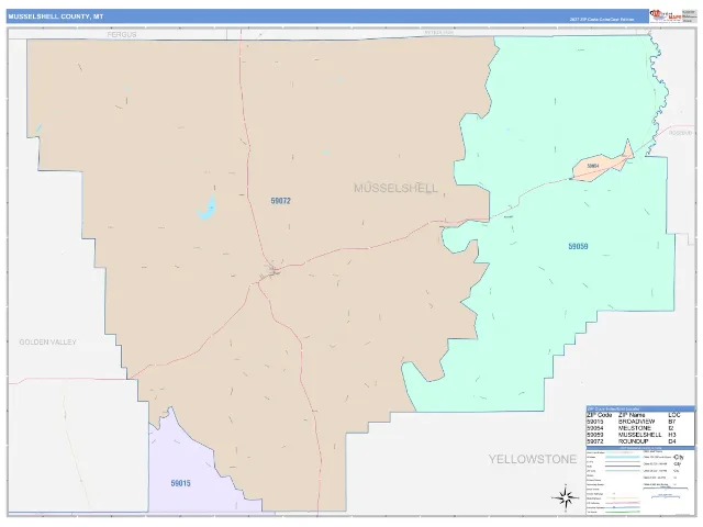 Musselshell County, MT ZIP Code Wall Map, ColorCast style
