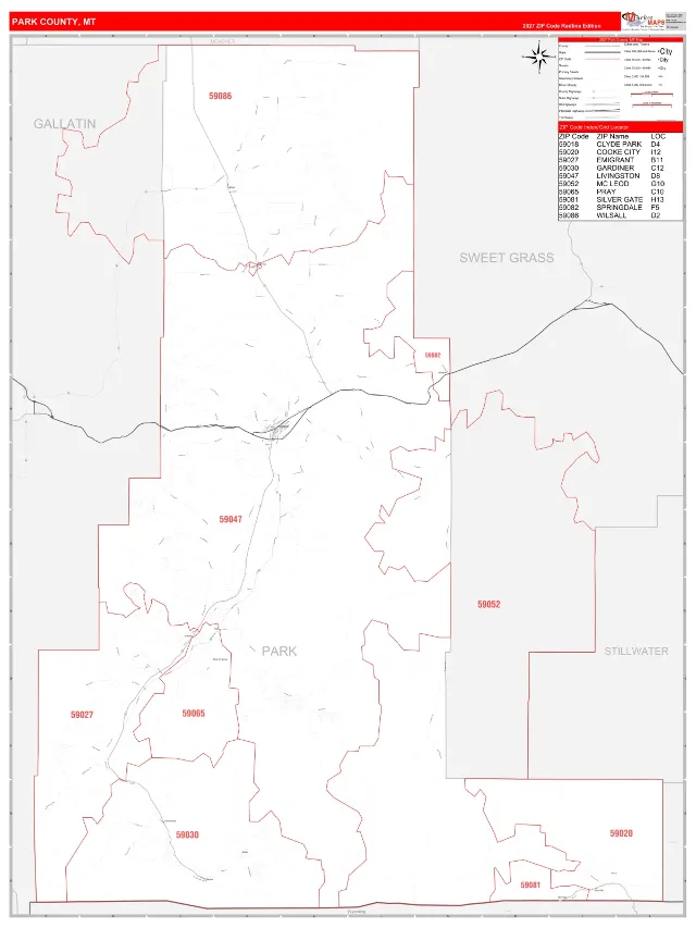 Park County, MT ZIP Code Wall Map, RedLine style