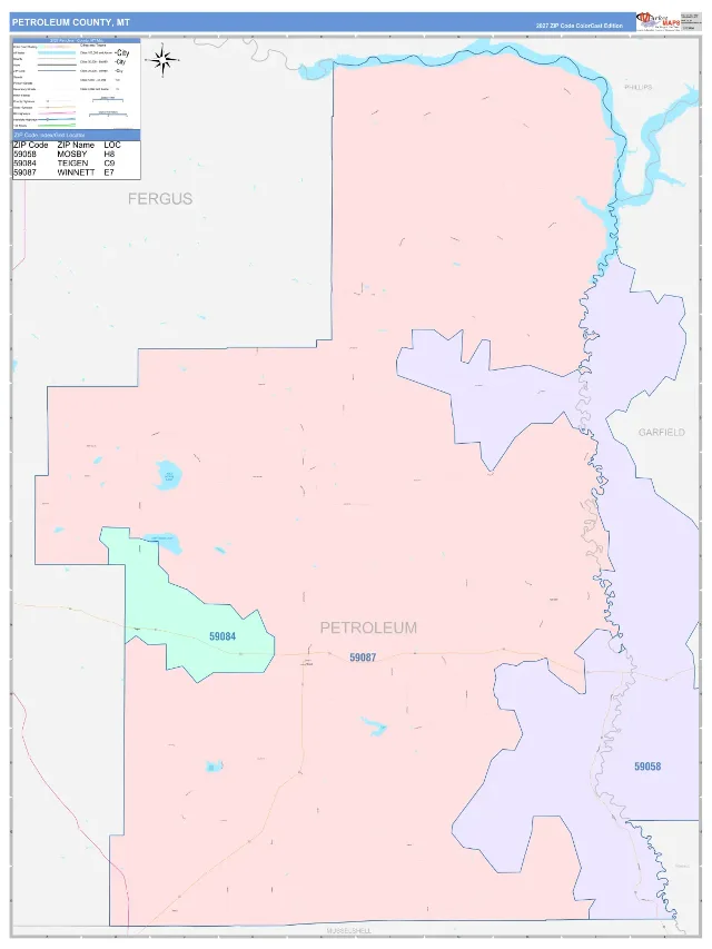Petroleum County, MT ZIP Code Wall Map, ColorCast style