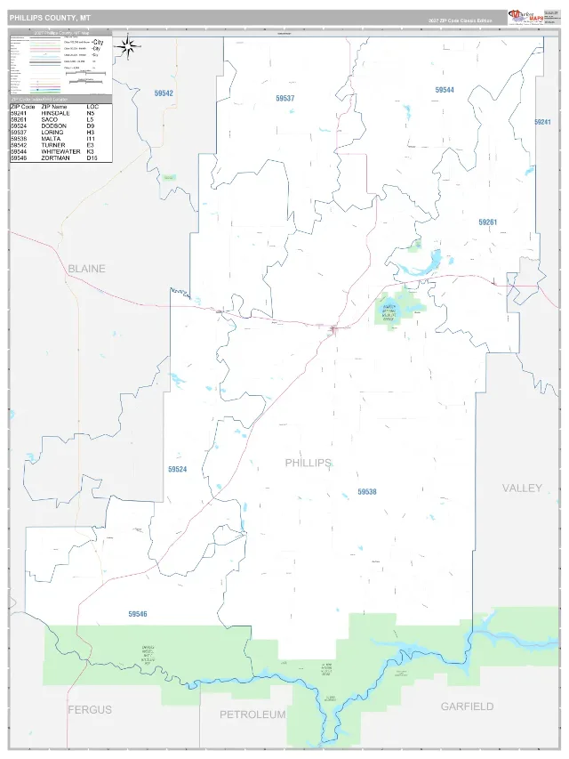 Phillips County, MT ZIP Code Wall Map, Classic style