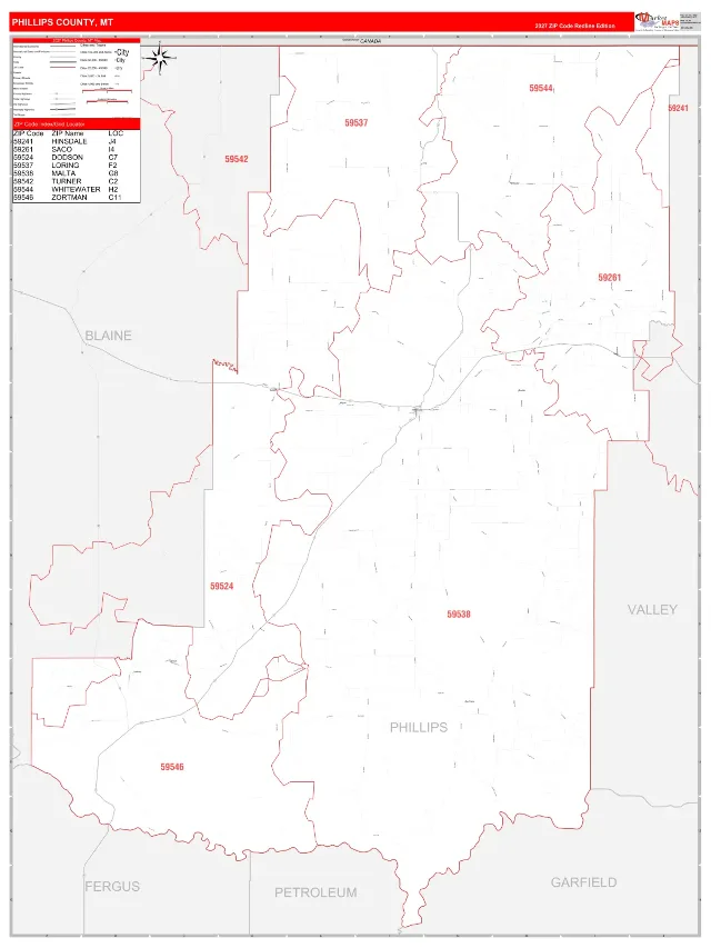 Phillips County, MT ZIP Code Wall Map, RedLine style