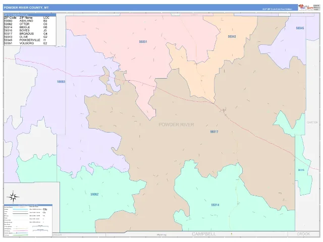 Powder River County, MT ZIP Code Wall Map, ColorCast style