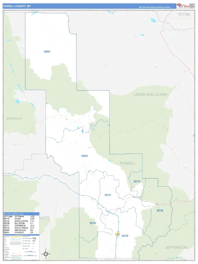 Powell County, MT ZIP Code Wall Map, Business Reference style