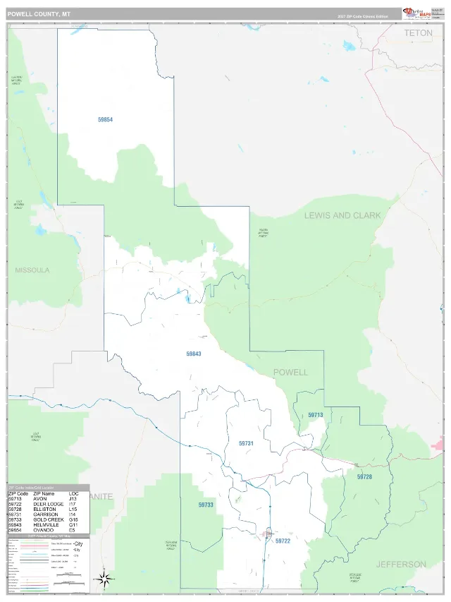 Powell County, MT ZIP Code Wall Map, Classic style