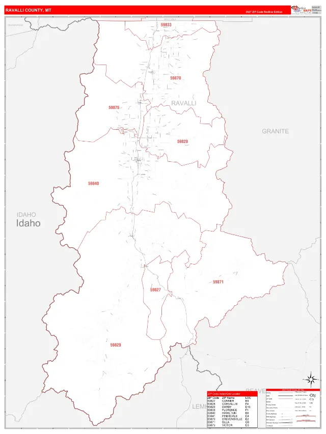 Ravalli County, MT ZIP Code Wall Map, RedLine style