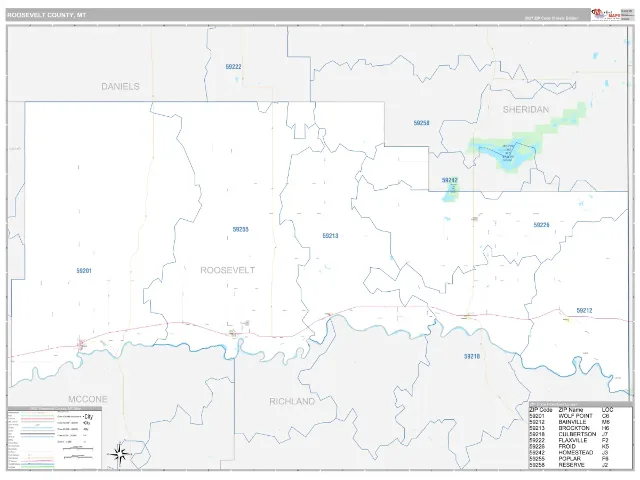 Roosevelt County, MT ZIP Code Wall Map, Classic style