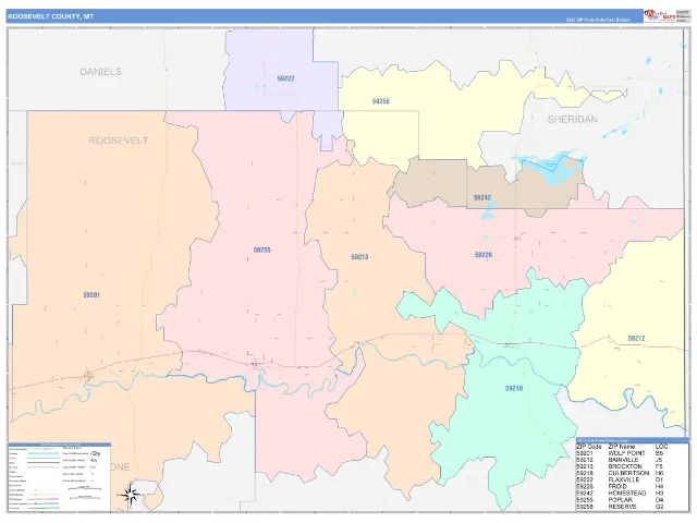 Roosevelt County, MT ZIP Code Wall Map, ColorCast style