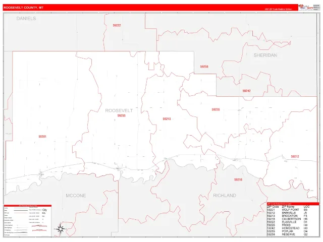 Roosevelt County, MT ZIP Code Wall Map, RedLine style