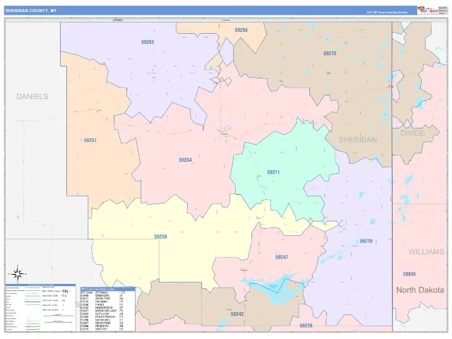 Sheridan County, MT ZIP Code Wall Map, ColorCast style