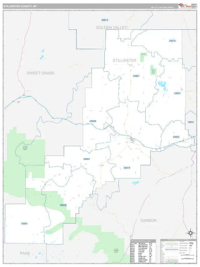 Stillwater County, MT ZIP Code Wall Map, Classic style