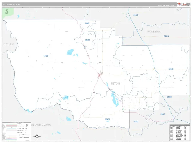Teton County, MT ZIP Code Wall Map, Classic style