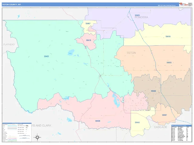 Teton County, MT ZIP Code Wall Map, ColorCast style