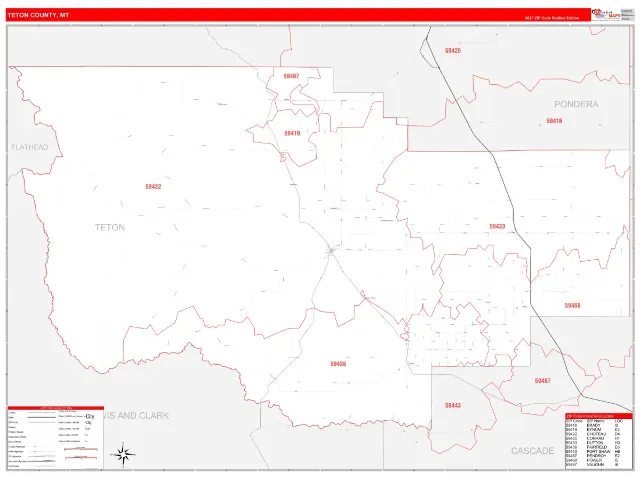 Teton County, MT ZIP Code Wall Map, RedLine style